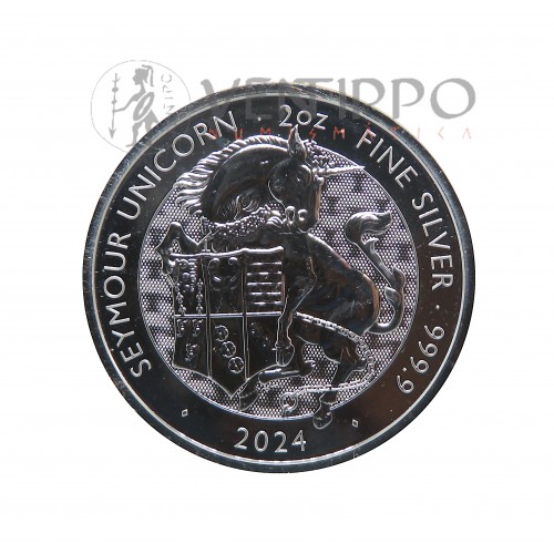 Gran Bretaña, 5 Pounds Plata ( 2 OZ, ley 999 mls. ) Serie Bestias Tudor 2024, Unicornio, BU.