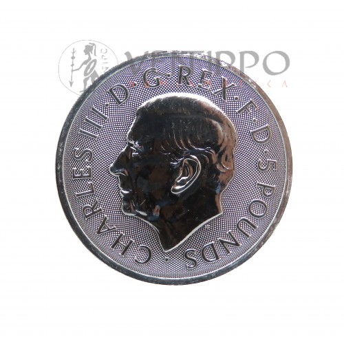 Gran Bretaña, 5 Pounds Plata ( 2 OZ, ley 999 mls. ) Serie Bestias Tudor 2024, Unicornio, BU.