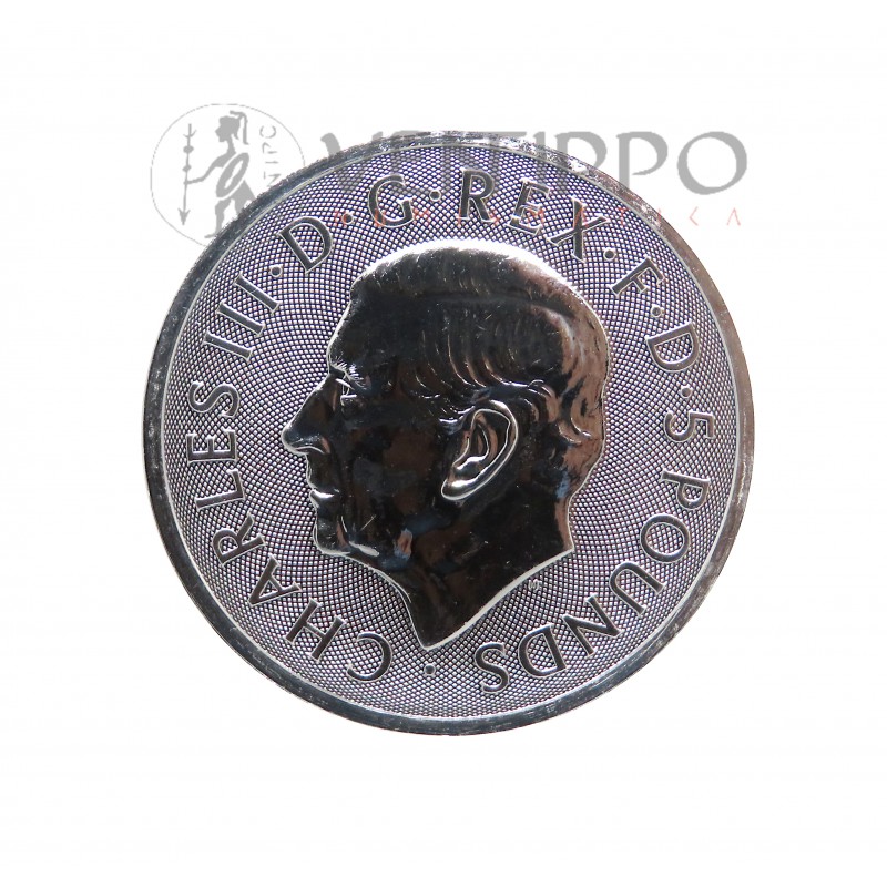 Gran Bretaña, 5 Pounds Plata ( 2 OZ, ley 999 mls. ) Serie Bestias Tudor 2024, Unicornio, BU.