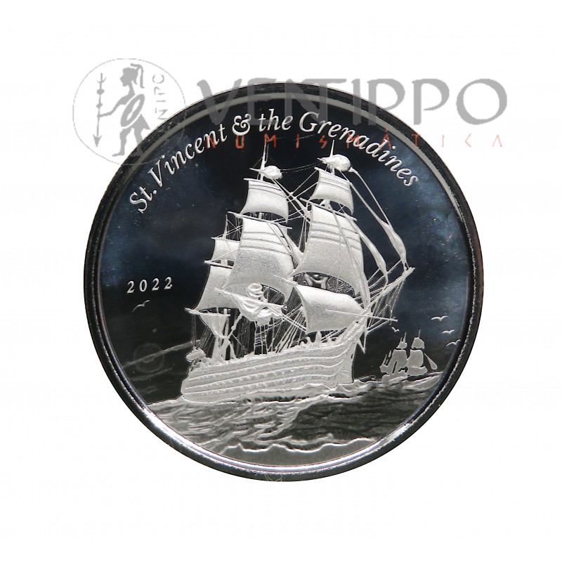 ST. Vincent and The Grenadines, 2 $ Plata ( 1 OZ  ley 999 mls. ) Serie EC8 V, Galeón, Prooflike.