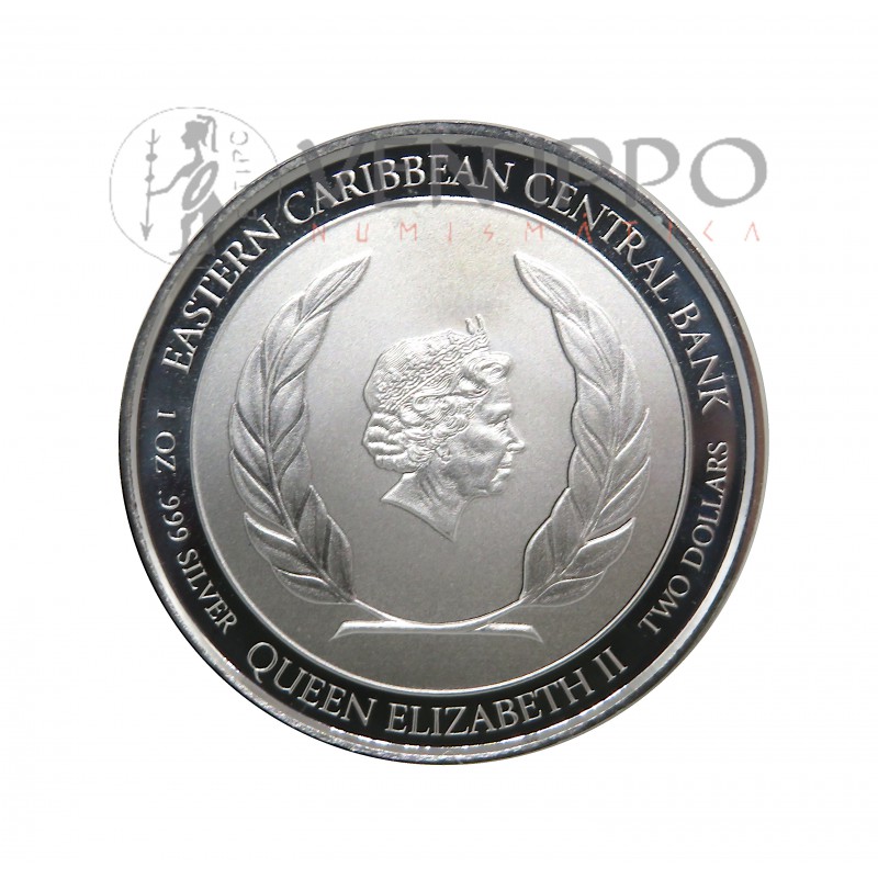 ST. Vincent and The Grenadines, 2 $ Plata ( 1 OZ  ley 999 mls. ) Serie EC8 V, Galeón, Prooflike.