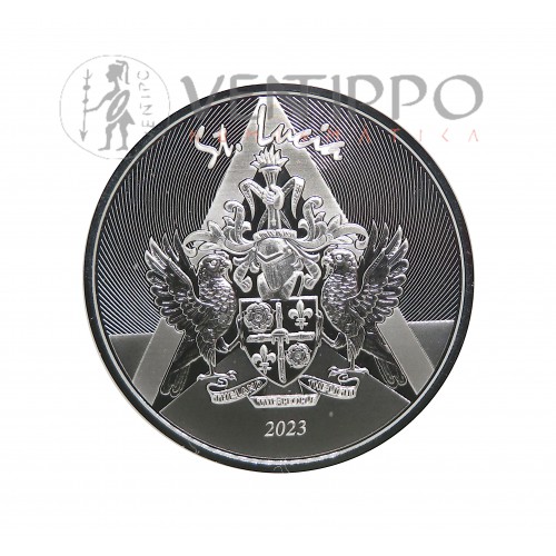 ST. Lucía, 2 $ Plata ( 1 OZ  ley 999 mls. ) EC8 VI, Escudo de Armas 2023, Prooflike.
