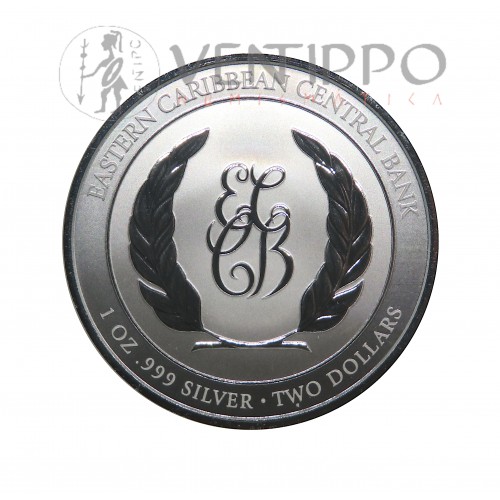 ST. Lucía, 2 $ Plata ( 1 OZ  ley 999 mls. ) EC8 VI, Escudo de Armas 2023, Prooflike.