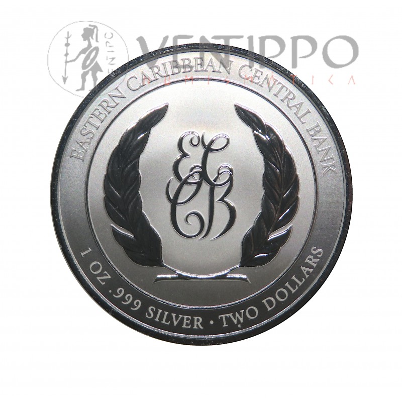 ST. Lucía, 2 $ Plata ( 1 OZ  ley 999 mls. ) EC8 VI, Escudo de Armas 2023, Prooflike.