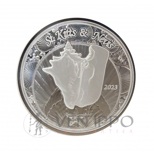 ST. Kitts & Nevis, 2 $ Plata ( 1 OZ LEY 999 mls. ) 2023, Serie EC8 VI: Caracola, Prooflike.