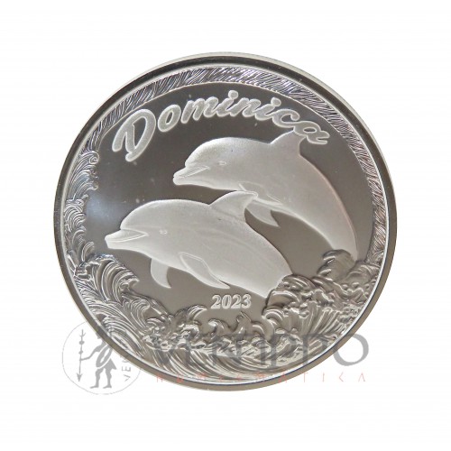 Dominica, 2 $ Plata ( 1 OZ  ley 999 mls. ) 2023 EC8 VI, Delfines, Prooflike.