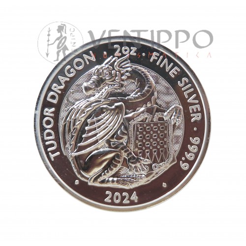 Gran Bretaña, 5 Pounds Plata ( 2 OZ ley 999 mls ) Serie Bestias Tudor 2024: Dragón, BU.