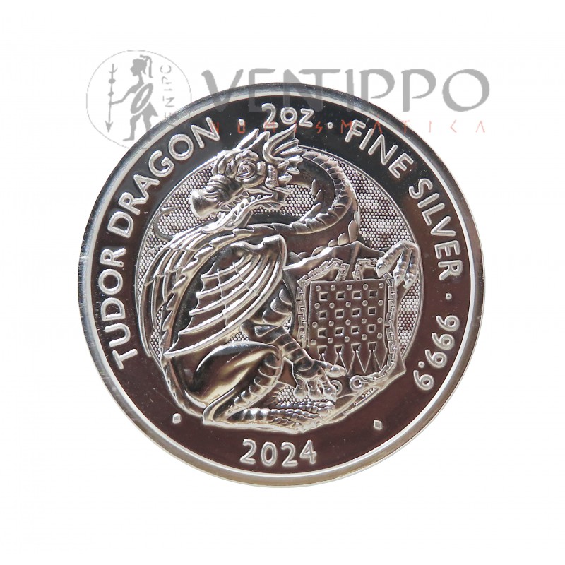 Gran Bretaña, 5 Pounds Plata ( 2 OZ ley 999 mls ) Serie Bestias Tudor 2024: Dragón, BU.