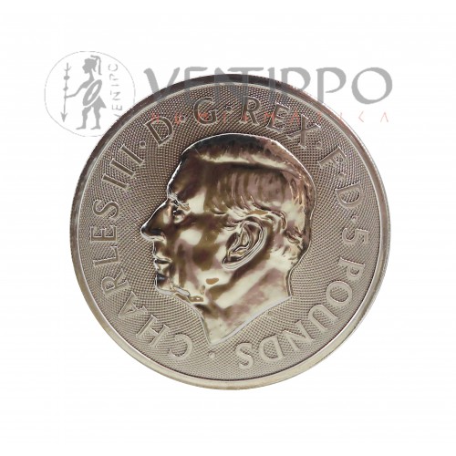 Gran Bretaña, 5 Pounds Plata ( 2 OZ ley 999 mls ) Serie Bestias Tudor 2024: Dragón, BU.
