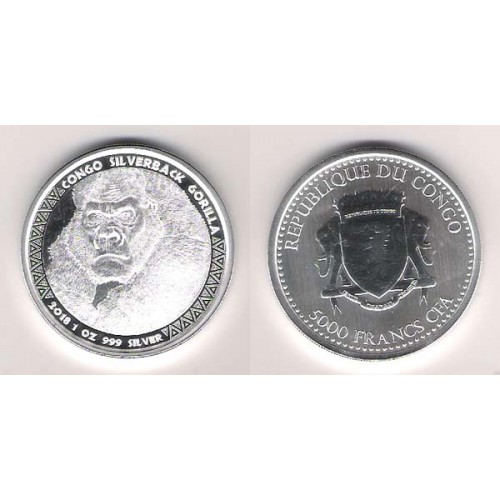 CONGO, 5000 FR PLATA ( 1 OZ. 999 mls. ) GORILA ESPALDA PLATEADA 2018