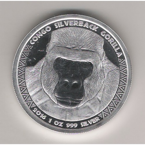 CONGO, 5000 FR. PLATA ( 1 OZ. 999 mls), GORILA ESPALDA PLATEADA 2016