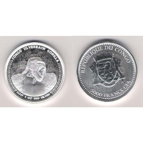 CONGO, 5000 FR. PLATA ( 1 OZ. 999 mls. ) GORILA ESPALDA PLATEADA 2017.