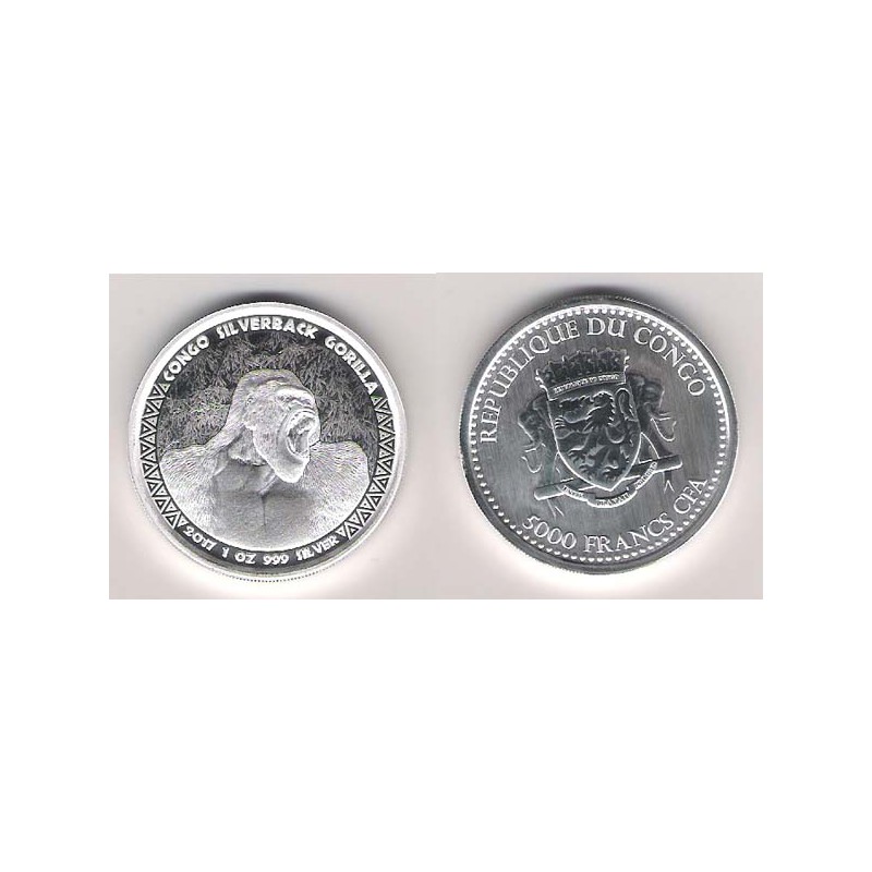 CONGO, 5000 FR. PLATA ( 1 OZ. 999 mls. ) GORILA ESPALDA PLATEADA 2017.