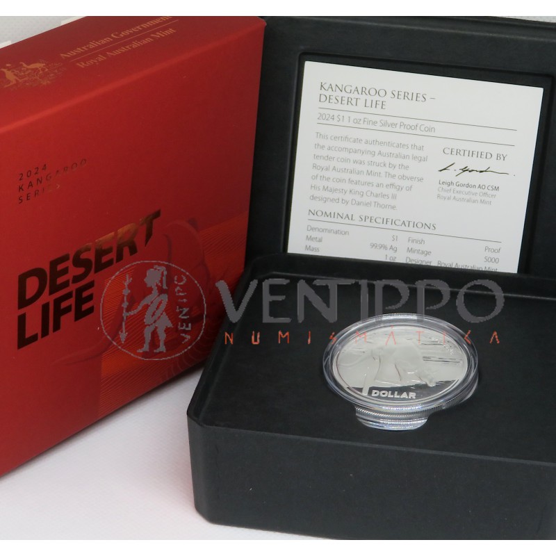 Australia, 1 $ Plata ( 1 OZ 9999 mls ) Canguro RAM 2024, Desert Life Proof.