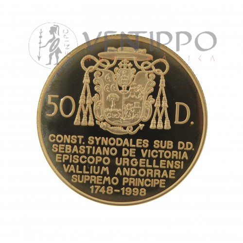 Andorra, 50 Diners Oro ( 15,55 gramos ley 917 mls ) 250 Aniv. Constitución Sinodal, Proof.