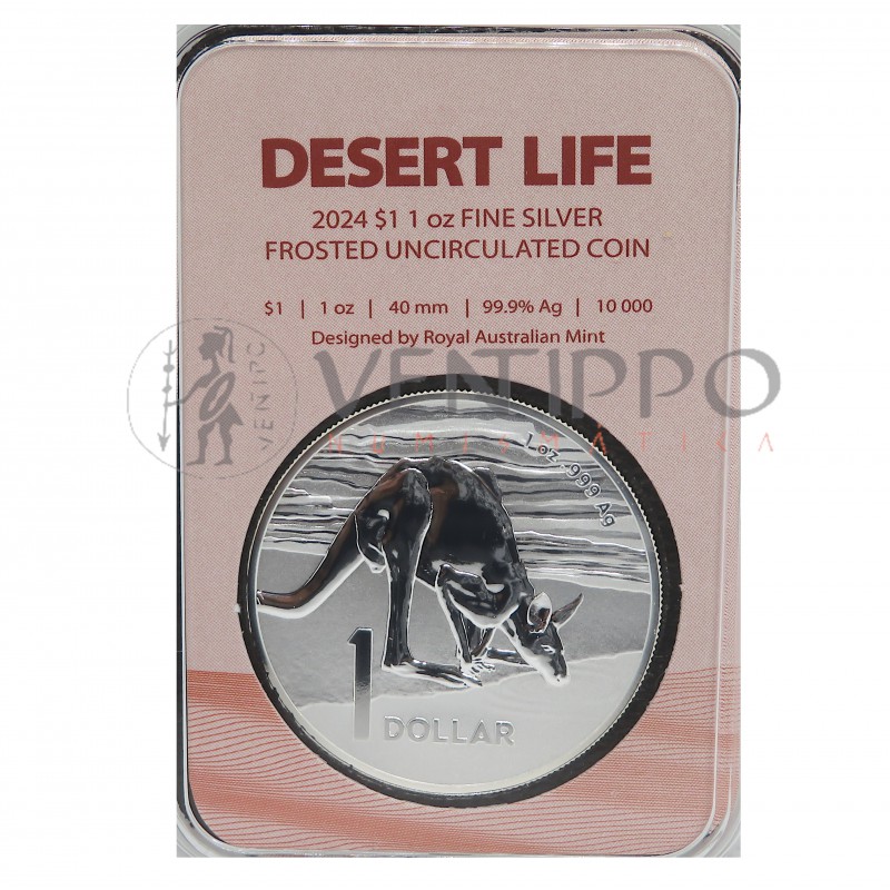 Australia, 1 $ Plata ( 1 OZ 9999 mls ) Canguro Ram Desert Life 2024, Frosted Uncirculated