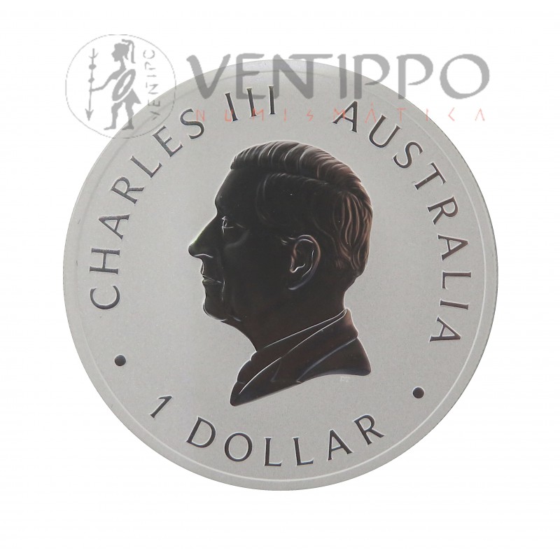 Australia, Dollar Plata ( 1 OZ ley 9999 mls ) Emu 2025 coloreado.