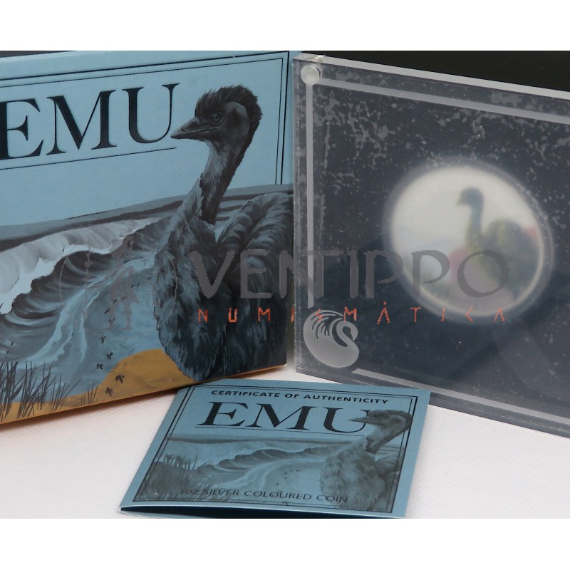 Australia, Dollar Plata ( 1 OZ ley 9999 mls ) Emu 2025 coloreado.