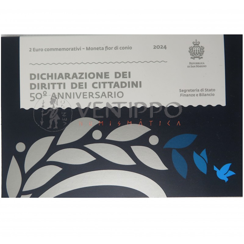 San Marino, 2 € Cartera Oficial, 50 Aniversario Declaración de los Derechos Civiles, FDC