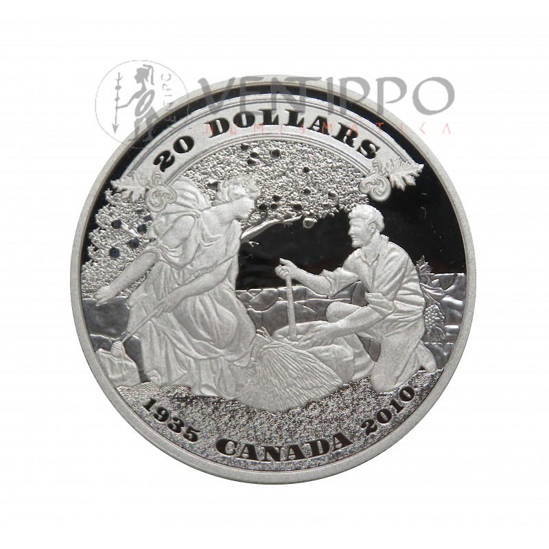 Canadá, 20 $ Plata ( 31,39 grs. ley 999 mls ) 2010, 75 Aniversario primeros billetes de Canadá, Proof.
