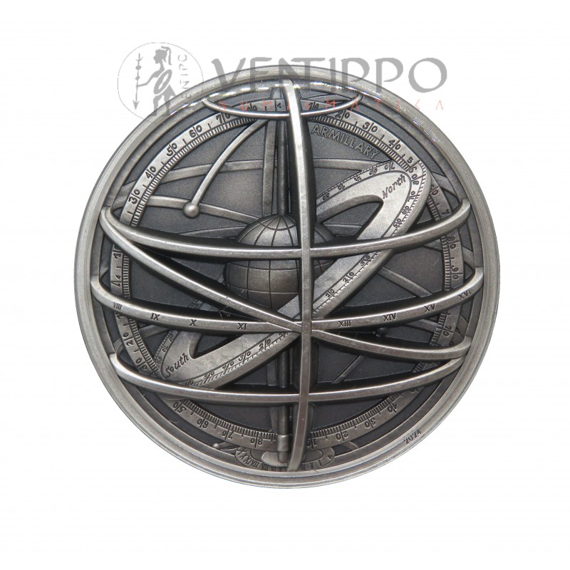 Islas Cook, 10 $ Plata ( 2 OZ ley 999  mls ), 2024 Esfera Armillar, Proof acabado antiguo