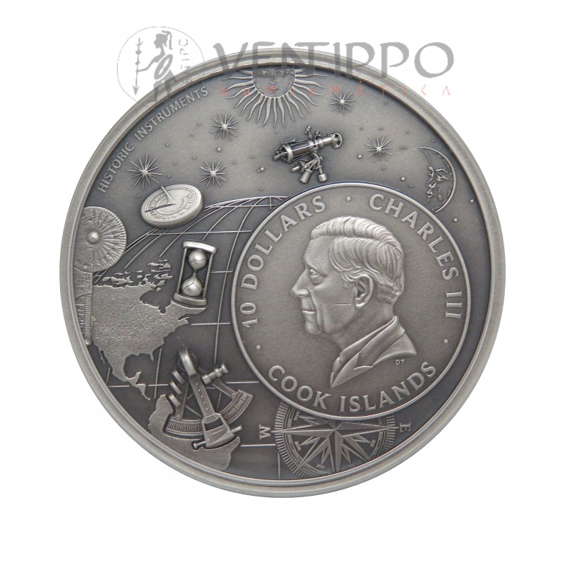 Islas Cook, 10 $ Plata ( 2 OZ ley 999  mls ), 2024 Esfera Armillar, Proof acabado antiguo