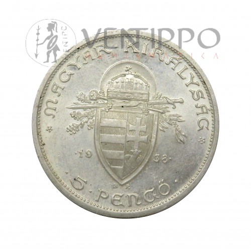 Hungría, 5 Pengo Plata, 1938 IX Centenario Muerte San Esteban, S/C