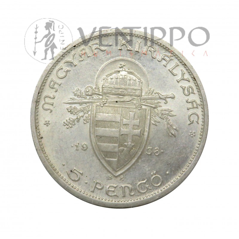 Hungría, 5 Pengo Plata, 1938 IX Centenario Muerte San Esteban, S/C