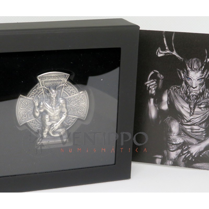 Isla de Man, 5 Pounds plata ( 3 OZ ley 999 mls ) 2021, Dios Cerunnos, Proof Antique Finish.