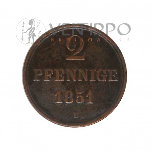 Hannover, 2 Pfennige, Ernesto Augusto I, 1851 B, MBC