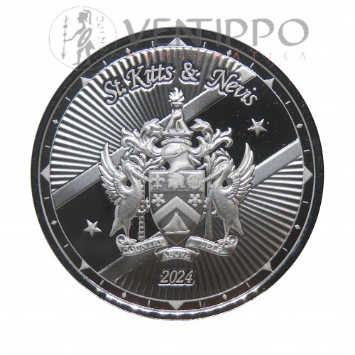 ST. Kitts & Nevis, 2 $ Plata ( 1 OZ ley 999 mls. ) Serie EC8 VII, Escudo de Armas, 2024, Prooflike.