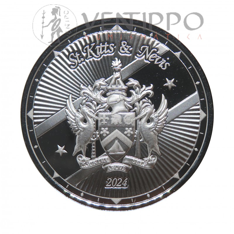 ST. Kitts & Nevis, 2 $ Plata ( 1 OZ ley 999 mls. ) Serie EC8 VII, Escudo de Armas, 2024, Prooflike.