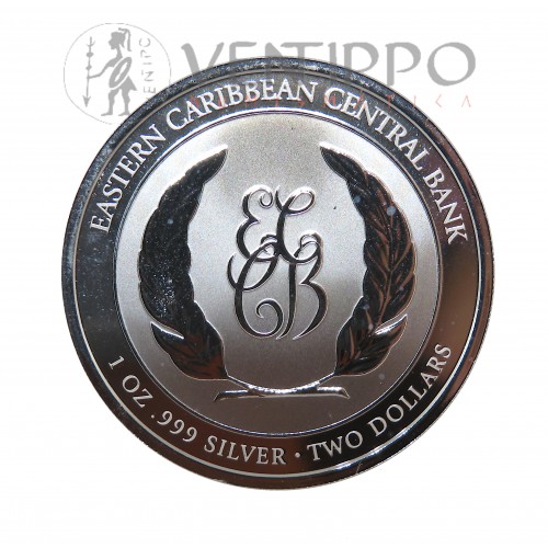 ST. Kitts & Nevis, 2 $ Plata ( 1 OZ ley 999 mls. ) Serie EC8 VII, Escudo de Armas, 2024, Prooflike.