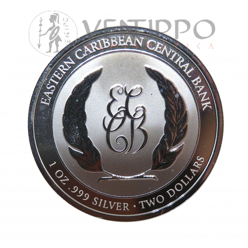 ST. Kitts & Nevis, 2 $ Plata ( 1 OZ ley 999 mls. ) Serie EC8 VII, Escudo de Armas, 2024, Prooflike.