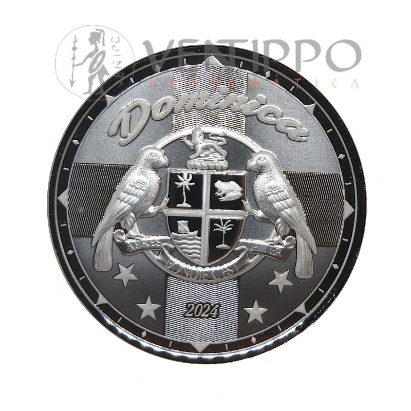 Dominica, 2 $ Plata ( 1 OZ ley 999 mls ) 2024, EC8 VII, Escudo de Armas, Profflike.