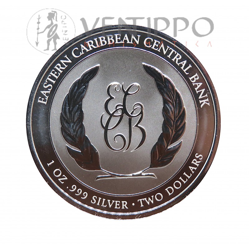 Dominica, 2 $ Plata ( 1 OZ ley 999 mls ) 2024, EC8 VII, Escudo de Armas, Profflike.