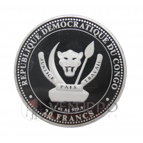 Congo, 20 Francs Plata ( 1 OZ 999 mls ) 2025 Carnotaurus, BU coloreada