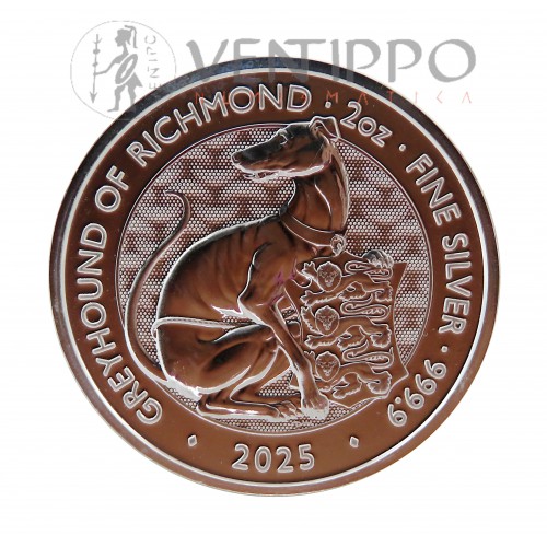 Gran Bretaña, 5 Pounds Plata ( 2 OZ ley 999 mls ) Serie Bestias Tudor 2025: Galgo de Richmond, BU.