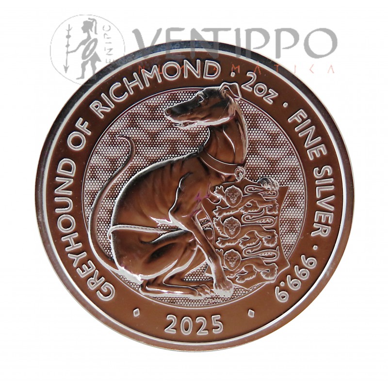 Gran Bretaña, 5 Pounds Plata ( 2 OZ ley 999 mls ) Serie Bestias Tudor 2025: Galgo de Richmond, BU.