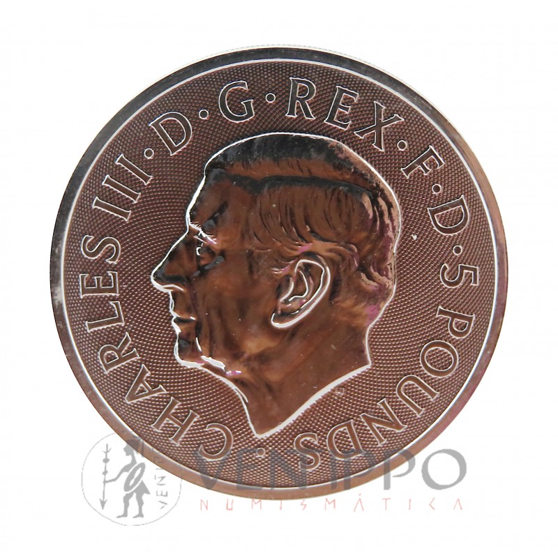 Gran Bretaña, 5 Pounds Plata ( 2 OZ ley 999 mls ) Serie Bestias Tudor 2025: Galgo de Richmond, BU.