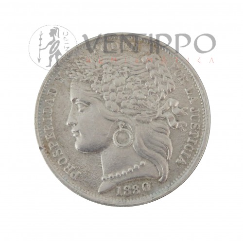 Perú, 1 Peseta Plata ( 4,89 grs, ley 900 mls ), 1880 Lima B.F, EBC, rara.