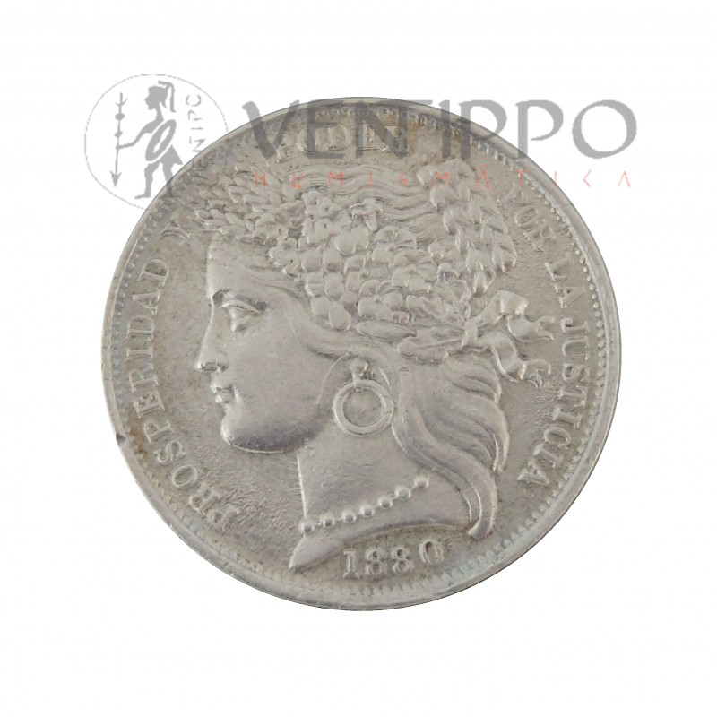 Perú, 1 Peseta Plata ( 4,89 grs, ley 900 mls ), 1880 Lima B.F, EBC, rara.