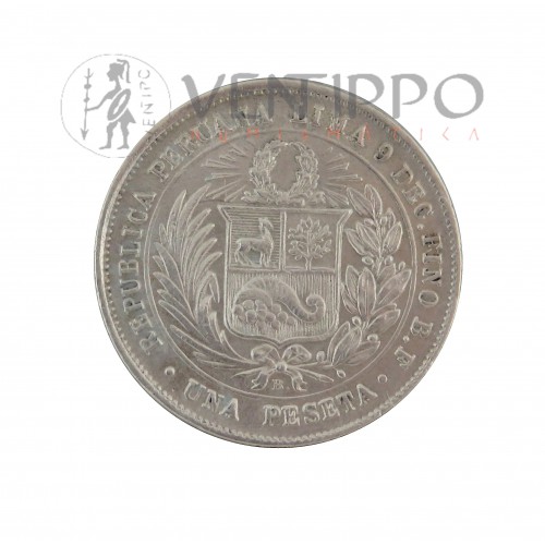 Perú, 1 Peseta Plata ( 4,89 grs, ley 900 mls ), 1880 Lima B.F, EBC, rara.