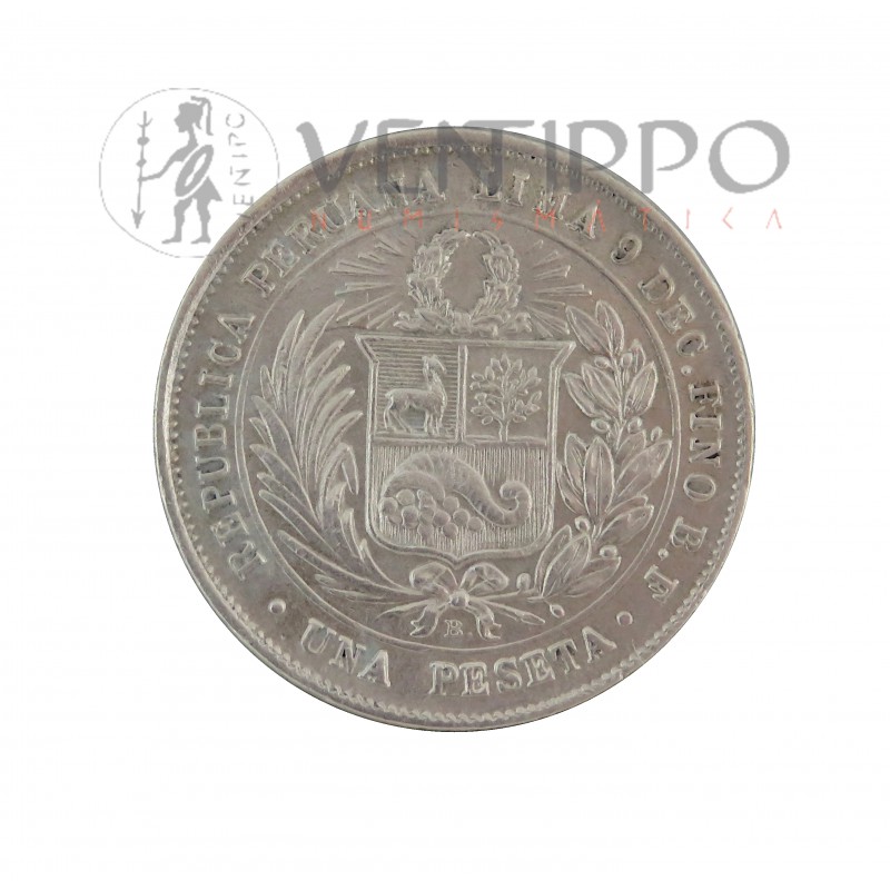 Perú, 1 Peseta Plata ( 4,89 grs, ley 900 mls ), 1880 Lima B.F, EBC, rara.
