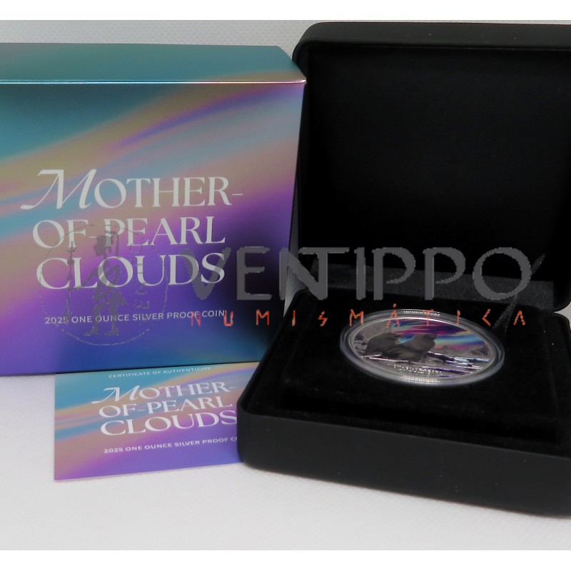 Tuvalu, Dollar Plata ( 1 OZ ley 9999 mls) Nubes de Nácar, 2025 proof estuche + Certificado