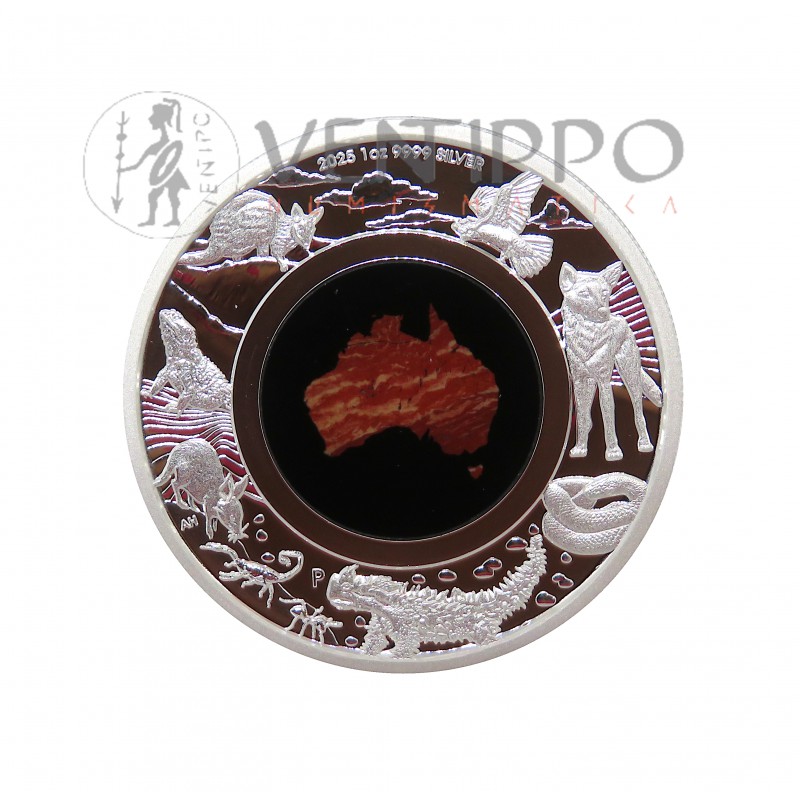 Australia, 1 $ Plata ( 1 OZ ley 9999 mls ) Great Southern Land 2025, Proof con Jaspe