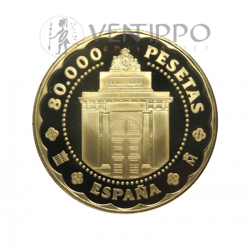 España, 80000 Pesetas Oro ( 27 grs Ley 999 mls ) Casa de la Moneda  de Segovia, 2001, Proof.