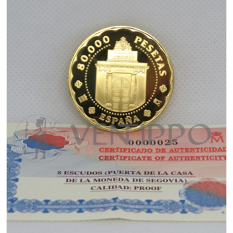 España, 80000 Pesetas Oro ( 27 grs Ley 999 mls ) Casa de la Moneda  de Segovia, 2001, Proof.