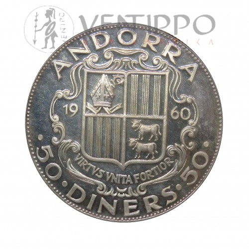 Andorra, 50 Diners Plata ( 28 grs. ley 900 mls ) 1960 Carlomagno Ex-Proof