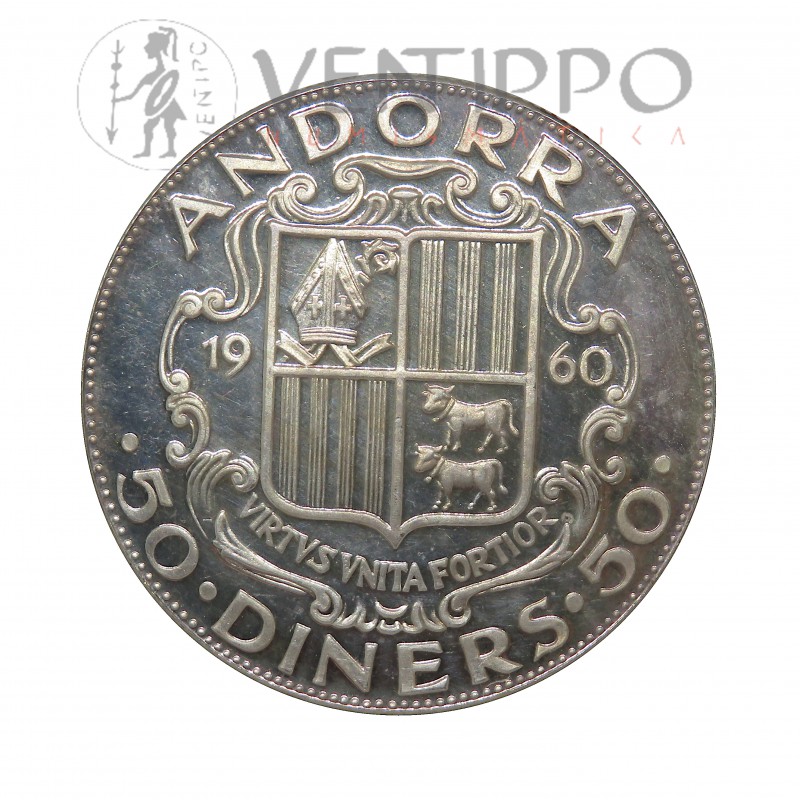 Andorra, 50 Diners Plata ( 28 grs. ley 900 mls ) 1960 Carlomagno Ex-Proof Andorra, 50 Diners Plata ( 28 grs. ley 900 mls ) 1960 Carlomagno Ex-Proof